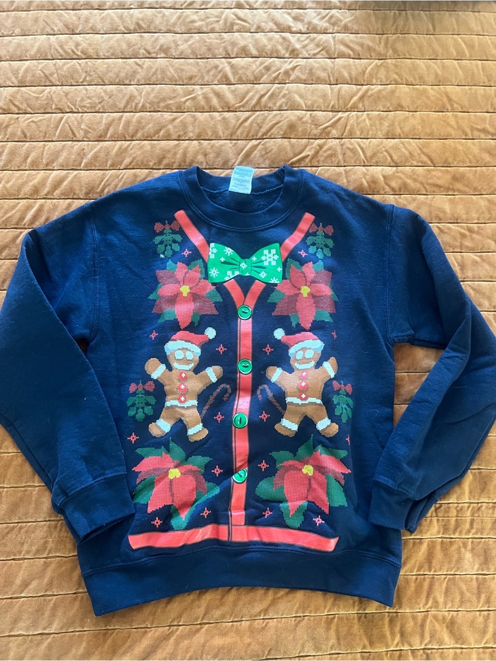 Gildan Navy Holiday Gingerbread Crewneck Sweater with Green Bow